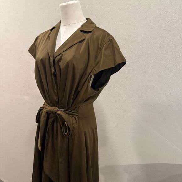 Jones New York Pleated Shirt Dress 20W Olive Green Midi Belted Pockets Safari - Picture 5 of 9